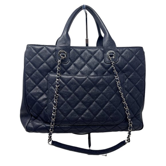 Chanel Large Matelassé Quilted Caviar Shopping Tote Bag Navy Dark Blue - Picture 10 of 17
